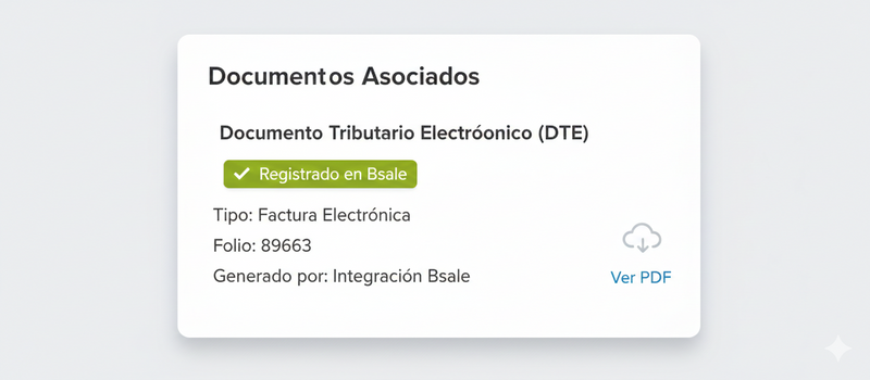 Captura del panel de administración de Jumpseller mostrando la tarjeta de Documentos Asociados con estado registrado en Bsale