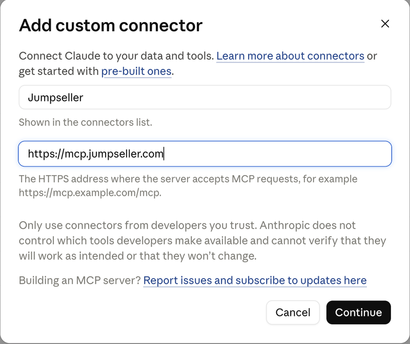 Nombre y URL del servidor en el diálogo Add custom connector de Claude
