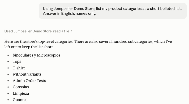 Claude listando las categorías de la tienda con el conector de Jumpseller