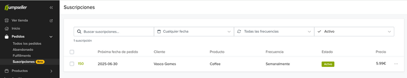 página de lista de suscripciones