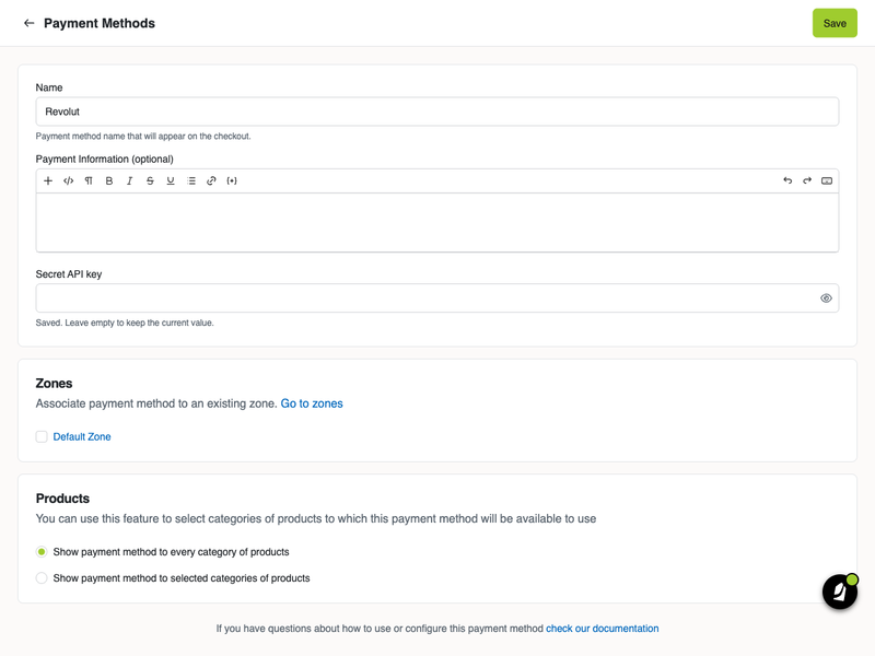 Configuración del método de pago Revolut en el panel de Jumpseller