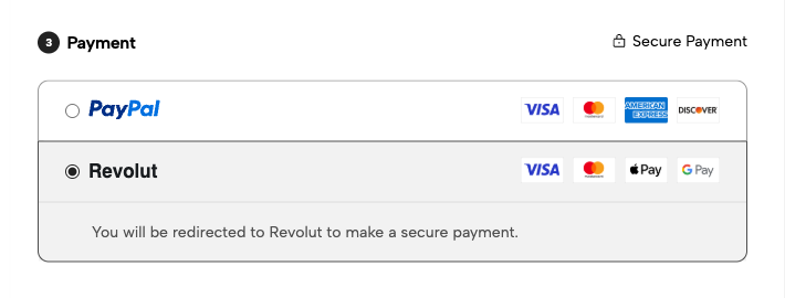 Opción de pago Revolut en el checkout de Jumpseller con los logos de tarjetas, Apple Pay y Google Pay
