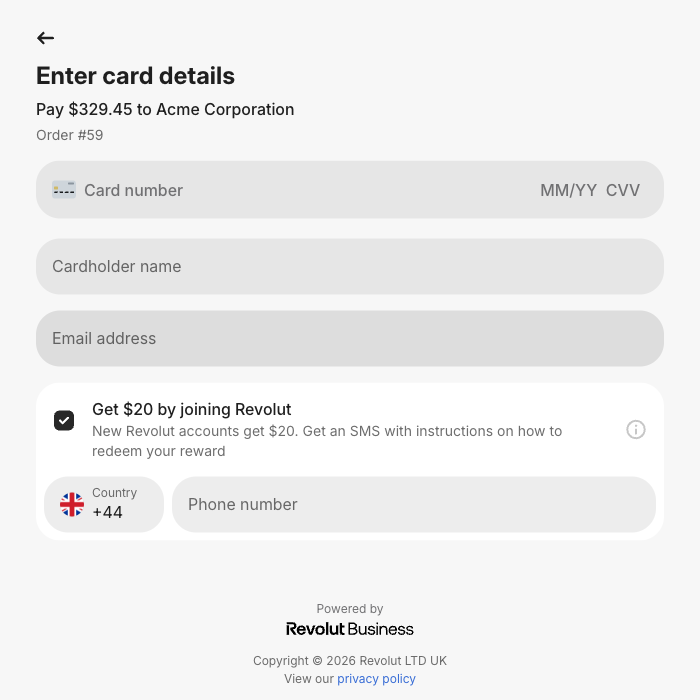Formulario de pago con tarjeta de Revolut