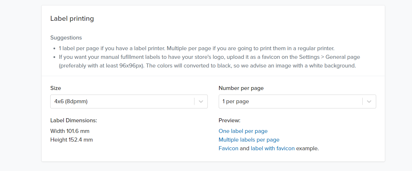 printing labels settings