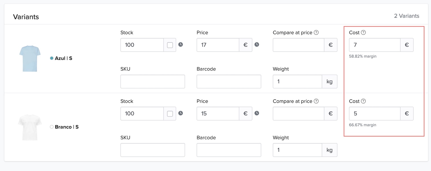 Screenshot of extended variants options screen with input fields for cost for each variant