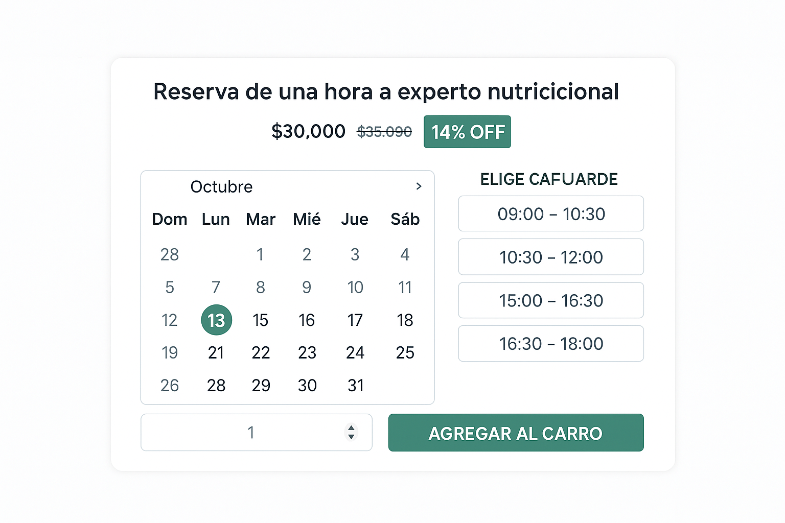 Vista de producto con calendario de reservas, horarios disponibles y botón Agregar al carro.