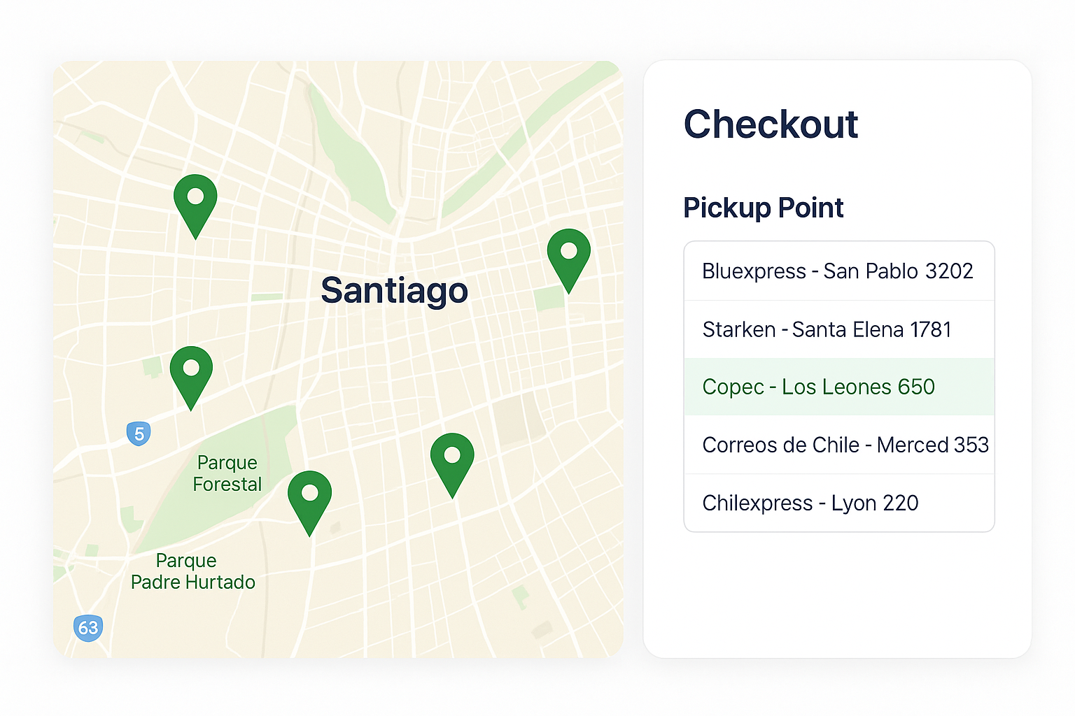 Mapa interactivo con múltiples puntos de retiro disponibles en el checkout, incluyendo Bluexpress, Starken, Copec, Correos de Chile y Chilexpress.