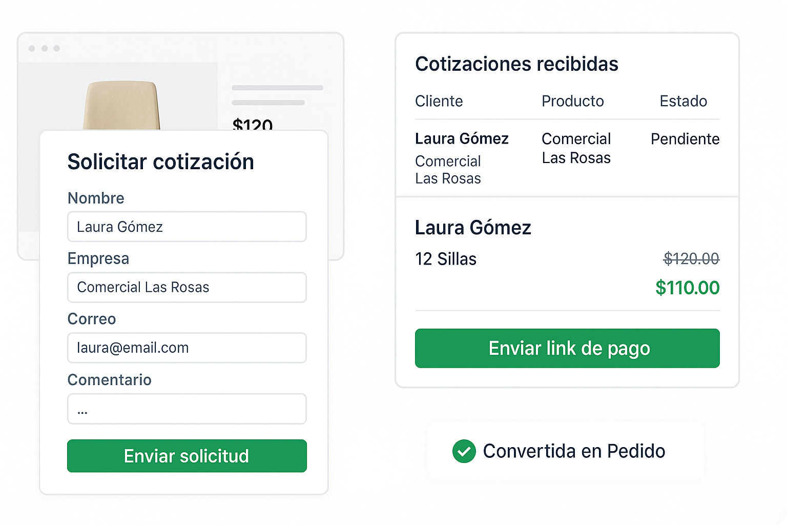 Flujo de solicitud de cotización en la tienda y vista de aprobación en el panel.