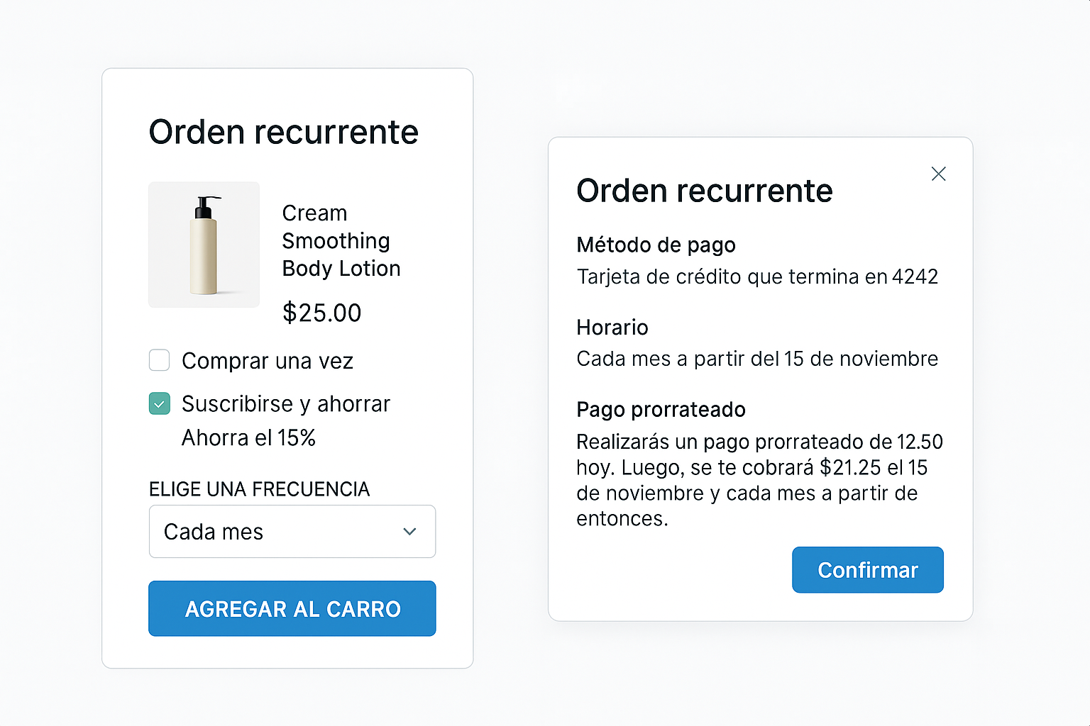 Producto con opción Suscribirse y ahorrar, frecuencia seleccionable y confirmación de suscripción.